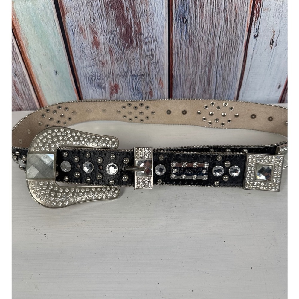 BHW Western Black Leather‎ Crystal Studded Belt Silver Buckle VTG Womens M 402
